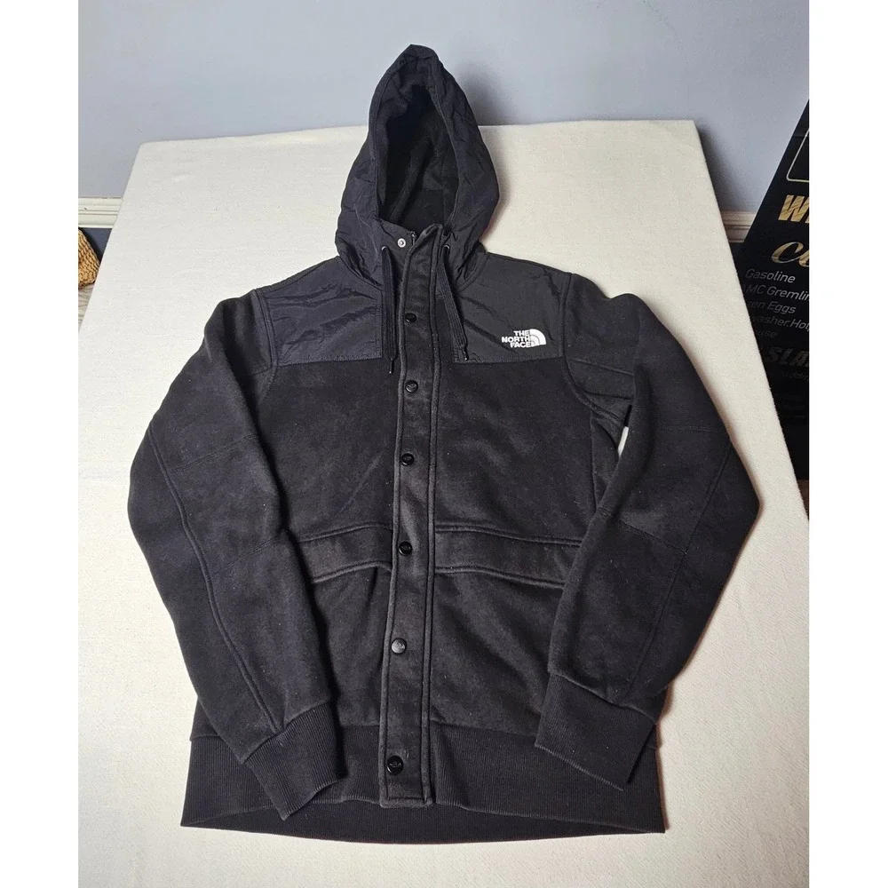 The North Face Mens Black Hybrid Button Front Fleece Hoodie Jacket Small